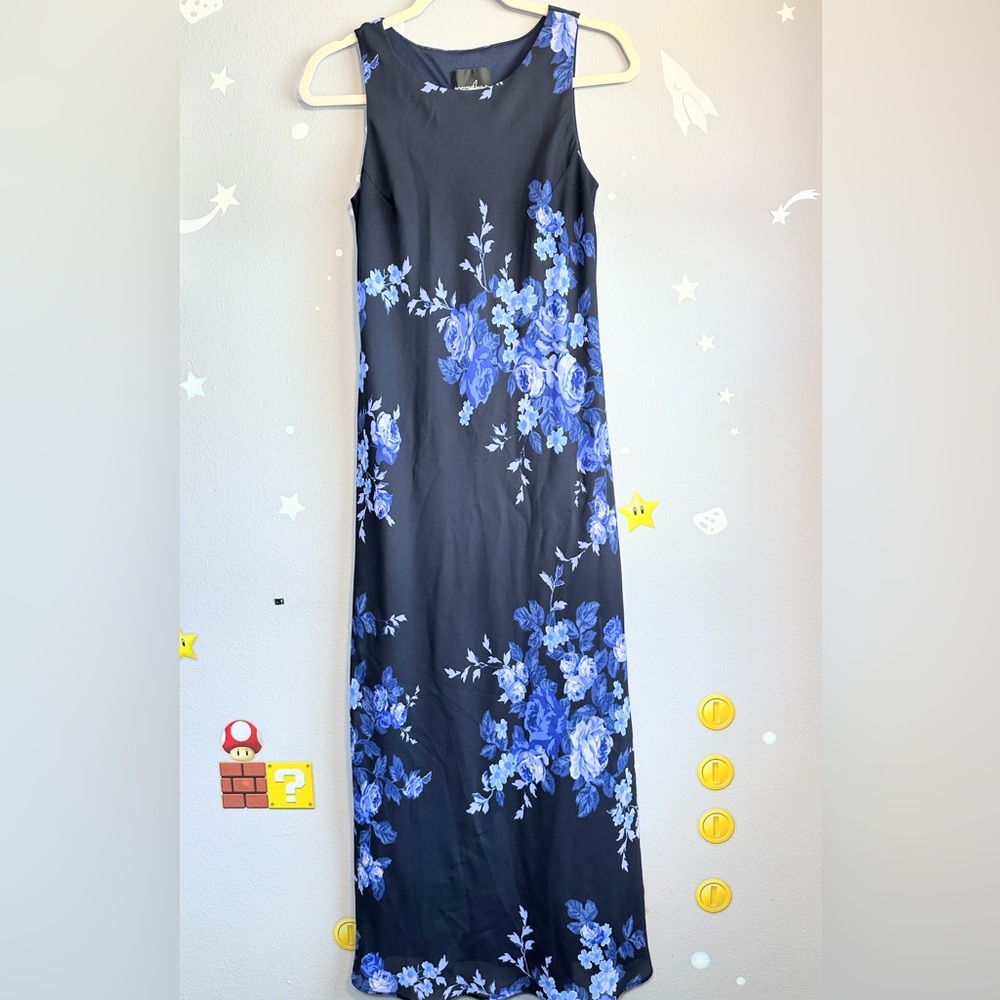 Positive Attitude Black Maxi Dress with Blue Floral Design in size 8. Y2K